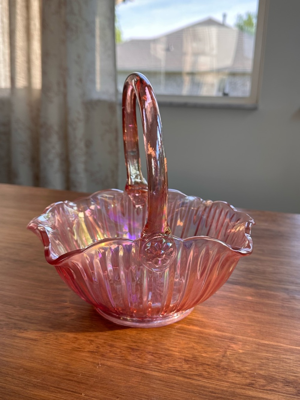 Vintage L. E. Smith Iridescent Pink Glass Ribbed Scalloped Basket